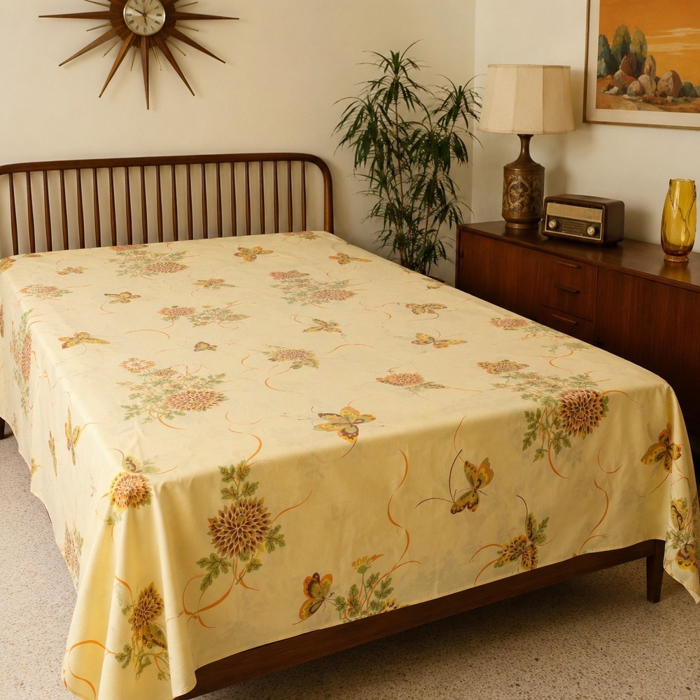 Cannon Flat Sheet Vintage FULL Yellow Butterfly Floral 70s 80s Percale fabric